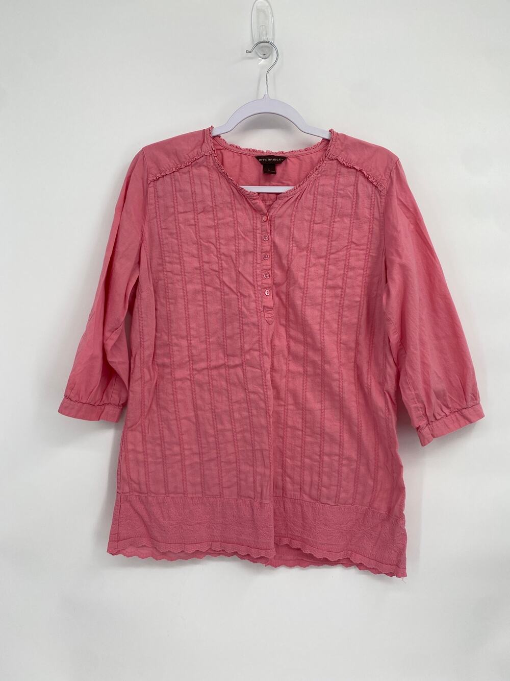 Bit & Bridle Top Eyelet Embroidered Pink 3/4 Sleeve Button Tunic Cotton Size L